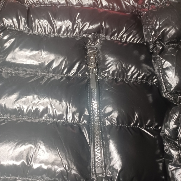 Men's Black Puffer Jacket with Red and White Stripes - Picture 9 of 12